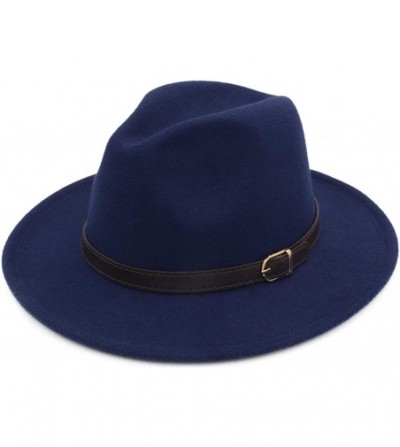 Fedoras Classic Wide Brim Women Men Fedora Hat with Belt Buckle Felt Panama Hat - E Navy Blue - CF18A88Q5CN