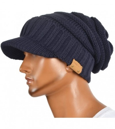 Skullies & Beanies Mens Womens Thick Fleece Lined Knit Newsboy Cap Slouch Beanie Hat with Visor - Thick-navy - CT18798Y07W