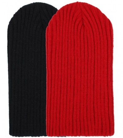 Skullies & Beanies 2 Pack Solid Color Blank Long Cuff Daily Stretch Knit Winter Beanies - Black & Red - CV11NVE6GDJ