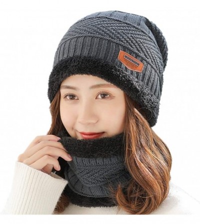 Skullies & Beanies 2-Pieces Winter Beanie Hat Scarf Set Warm Knit Hat Thick Fleece Lined Winter Hat & Scarf for Men Women - C...