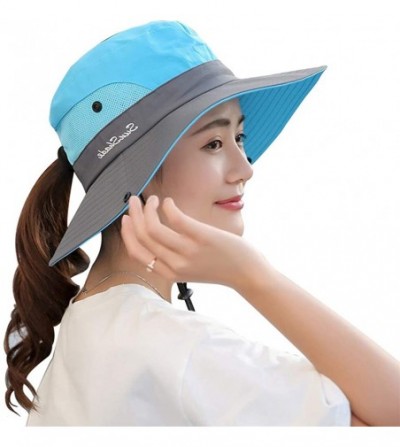 Sun Hats Safari Sun Hat Wide Brim Hat with Ponytail Hole Packable UPF 50+ for Hiking Camping - Sky Blue - C618EX3SXC4