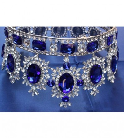 Headbands Bride King Size Crown Pageant Crowns Princess Tiara Retro Round Full Crown Bride Hair Accessories - Blue - CJ18NW6QCM8