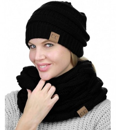 Skullies & Beanies Unisex Soft Stretch Chunky Cable Knit Beanie and Infinity Loop Scarf Set - Black - CY18KI9XI3H