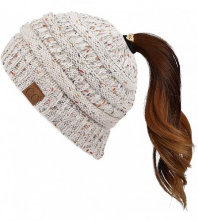 Skullies & Beanies Ribbed Confetti Knit Beanie Tail Hat for Adult Bundle Hair Tie (MB-33) - Oatmeal Ombre - CP18I4ZUZ42