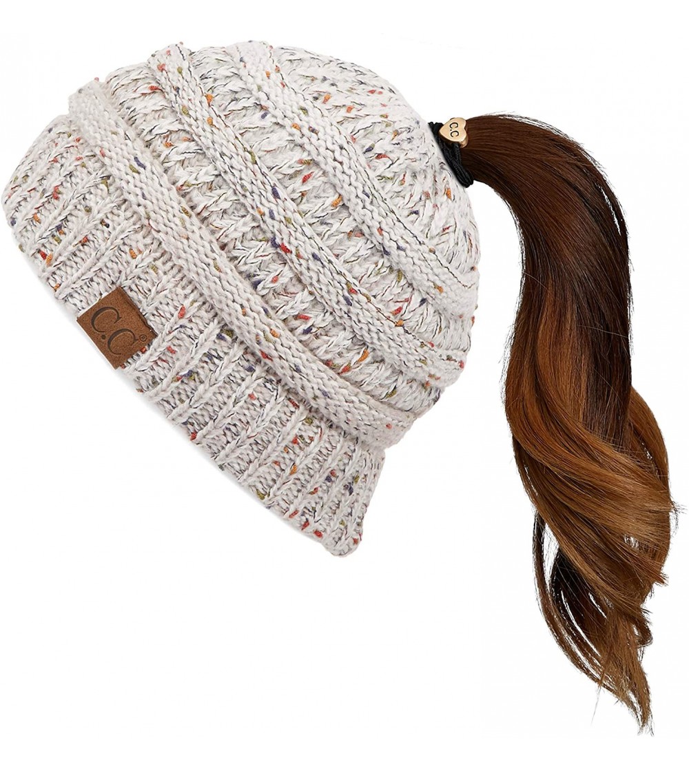 Skullies & Beanies Ribbed Confetti Knit Beanie Tail Hat for Adult Bundle Hair Tie (MB-33) - Oatmeal Ombre - CP18I4ZUZ42