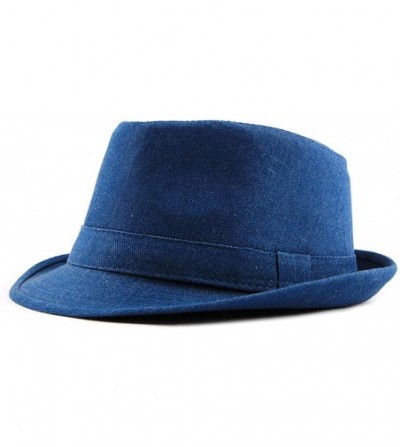 Fedoras Denim Fedoras Hats for Women Men Solid Manhattan Structured Gangster Trilby Bowler Jazz Hat - Blue - CM18NOXUGX8