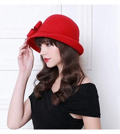 Bucket Hats 100% Wool Vintage Felt Cloche Bucket Bowler Hat Winter Women Church Hats - Big Bow Red1 - CG18K745WUN