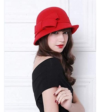 Bucket Hats 100% Wool Vintage Felt Cloche Bucket Bowler Hat Winter Women Church Hats - Big Bow Red1 - CG18K745WUN