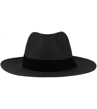 Sun Hats Men's Paper Woven Straw Panama Trilby Fedora Beach Sun Hat Large/22.8" - Black - CV182SNM0XW