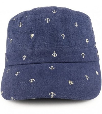 Baseball Caps Flat Top Style Cotton Linen Army Cap with Anchor Print Pattern - Navy - CK186TK2GNH