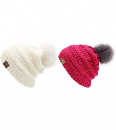 Skullies & Beanies Women's Soft Stretch Cable Knit Warm Skully Faux Fur Pom Pom Beanie Hats - 2 Pack - Off White & Fuchsia - ...