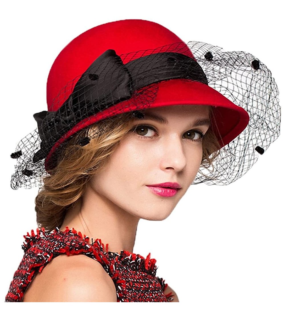 Fedoras Women's Bow Wool Felt Bowler Veil Hat - Red - C9128NIYW5B