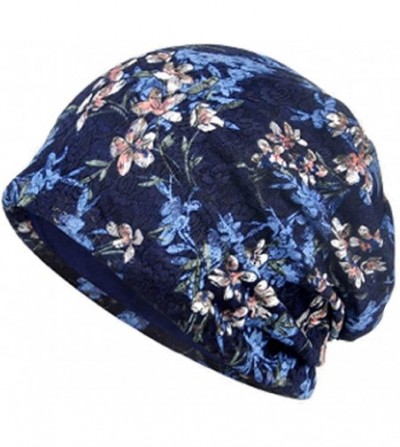 Skullies & Beanies Womens Cotton Beanie Lace Turban Soft Sleep Cap Chemo Hats Fashion Slouchy Hat - Navy Tree Flower - CE18RM...