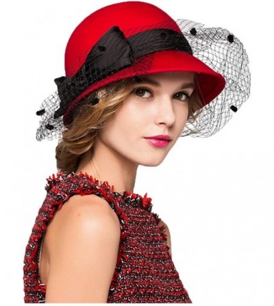 Fedoras Women's Bow Wool Felt Bowler Veil Hat - Red - C9128NIYW5B