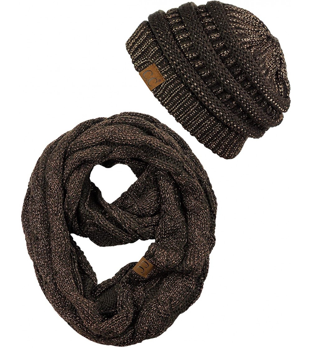 Skullies & Beanies Unisex Soft Stretch Chunky Cable Knit Beanie and Infinity Loop Scarf Set - Brown Metallic - CI18KIU7Q82
