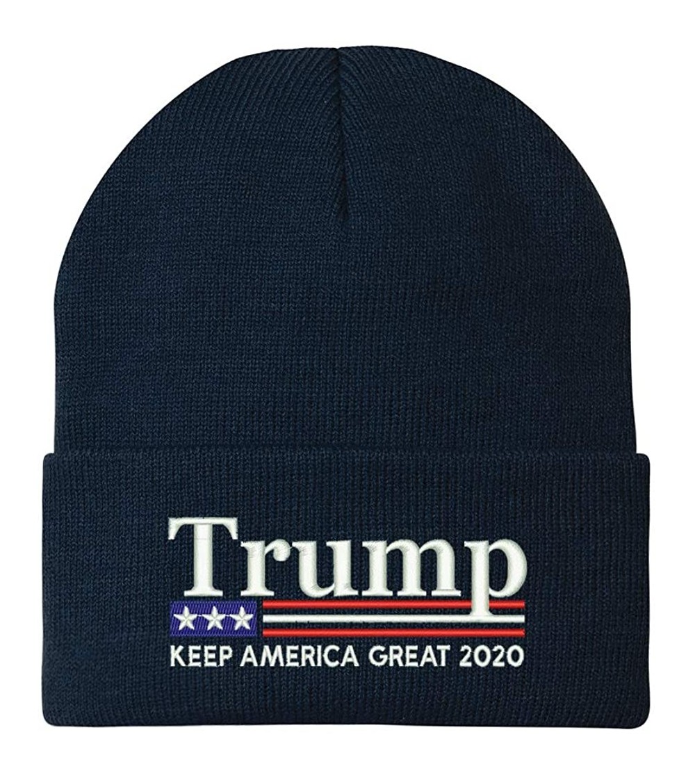 Skullies & Beanies Trump Keep America Great 2020 USA Flag Embroidered Winter Knitted Long Beanie - Navy - CF18X5NMWIE