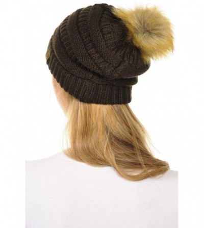 Skullies & Beanies Hat-43 Thick Warm Cap Hat Skully Faux Fur Pom Pom Cable Knit Beanie - Brown - C918X8X88L7