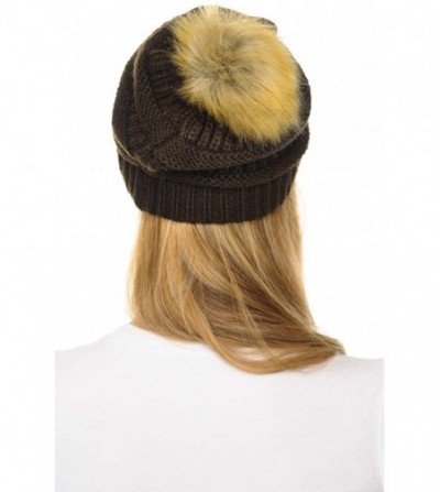 Skullies & Beanies Hat-43 Thick Warm Cap Hat Skully Faux Fur Pom Pom Cable Knit Beanie - Brown - C918X8X88L7