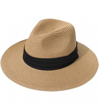 Sun Hats Womens UPF50 Foldable Summer Straw Hat Wide Brim Fedora Sun Beach hat - Brown - CM189W50ZXH
