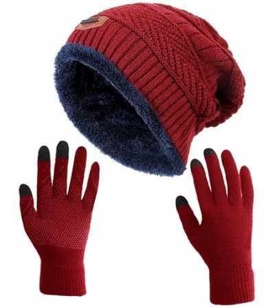 Skullies & Beanies Winter Slouchy Beanie Gloves for Women Knit Hats Skull Caps Touch Screen - Hat+gloves (Burgundy) - CL18992...