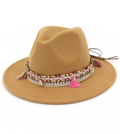 Fedoras Women's Felt Fedora Hat Wide Brim Panama Hats with Tassel - Camel - CP18TWW237W