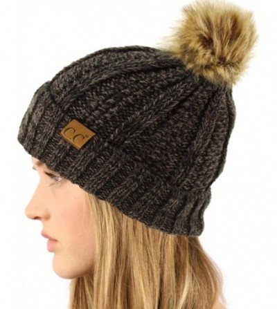 Skullies & Beanies Winter Sherpa Fleeced Lined Chunky Knit Stretch Pom Pom Beanie Hat Cap - Mix Black - CQ18I6QU07W