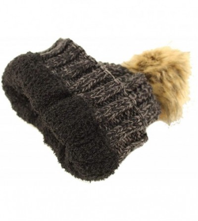 Skullies & Beanies Winter Sherpa Fleeced Lined Chunky Knit Stretch Pom Pom Beanie Hat Cap - Mix Black - CQ18I6QU07W