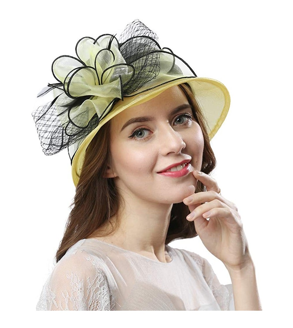 Sun Hats Women's Cloche Bowler Hats KDC1721 for Kentucky Derby Day- Church- Wedding- Tea Party- Ascots - Yellow/Black - C617Y...
