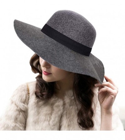 Fedoras Women's 100% Wool Felt Floppy Hat Fedora Wide Brim Cloche Bowler Hat Foldable - Black Gray - C618IETC9M0