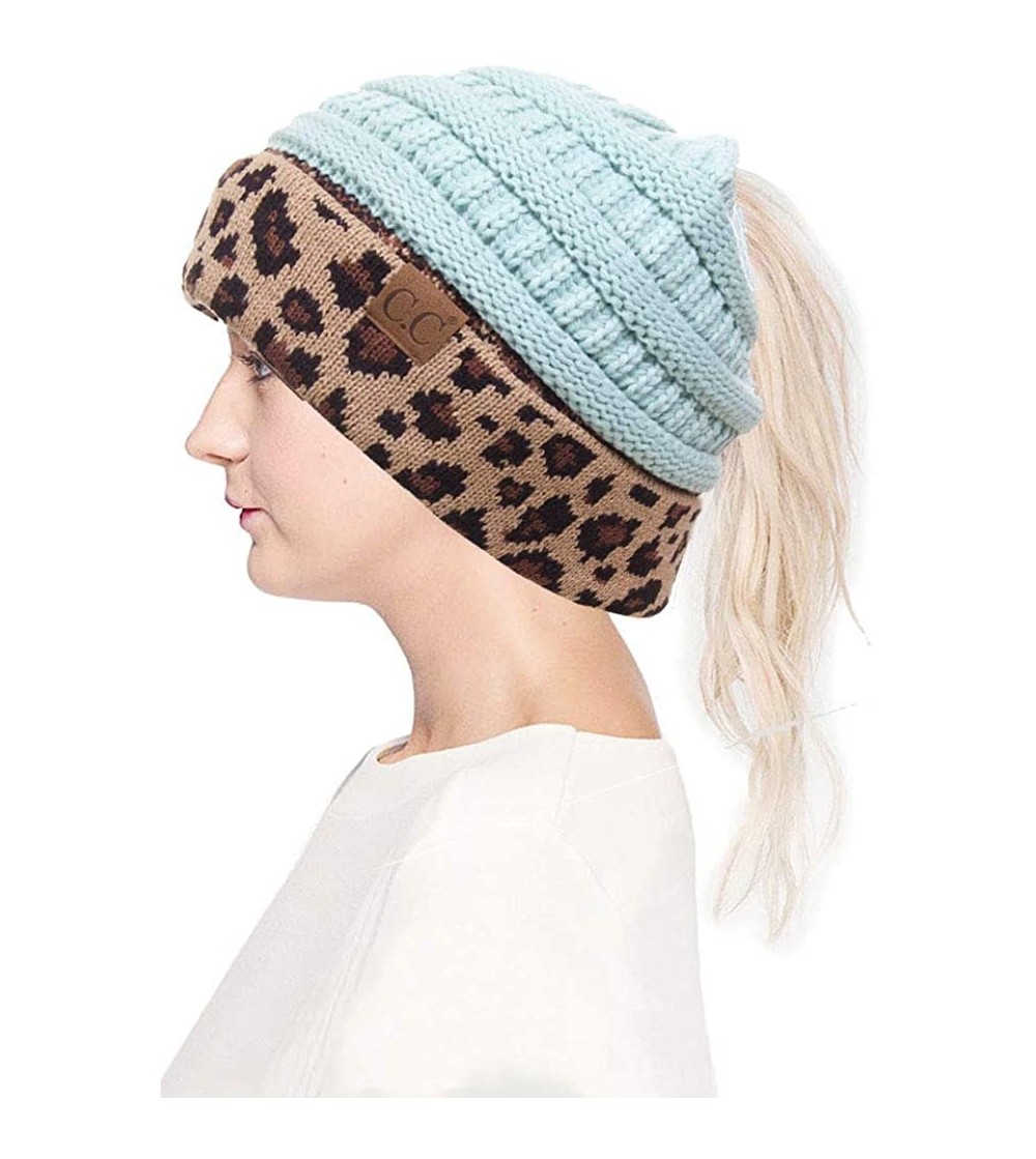 Skullies & Beanies Women Classic Solid Color with Leopard Cuff Ponytail Messy Bun Beanie Skull Cap - Mint - CP18HTL3RZ3