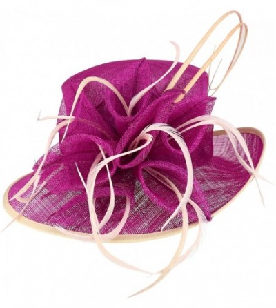 Sun Hats Women's Feather Quill Decorated Flower Wide Brim Sinamay Hat - Magenta - CI18R6CA8OC