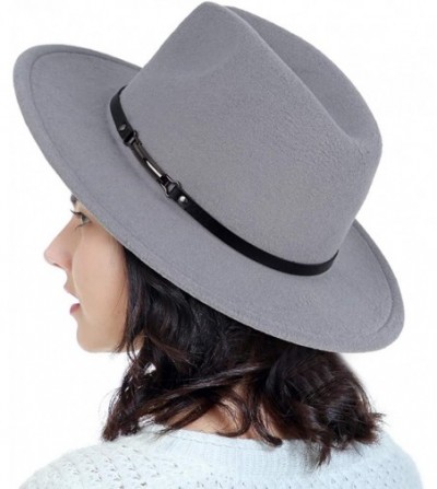 Fedoras Men & Women Classic Wide Brim Fedora Hat with Belt Buckle Wool Felt Panama Fedora M/L - A-grey - C418A5UXGZ7