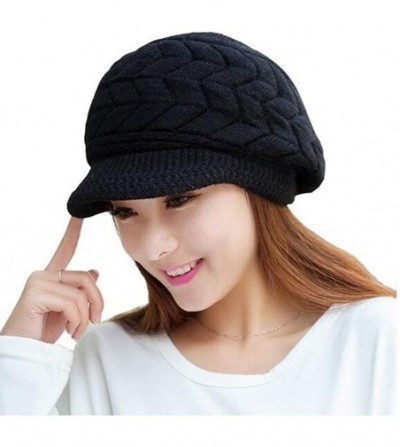 Skullies & Beanies Womens Winter Warm Knit Caps Wool Snow Hats with Visor - Black - CQ129XZFNCT