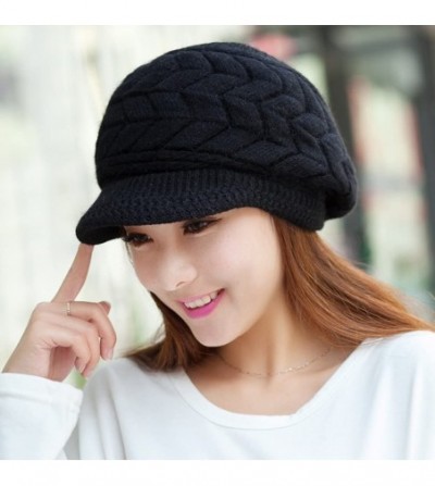 Skullies & Beanies Womens Winter Warm Knit Caps Wool Snow Hats with Visor - Black - CQ129XZFNCT