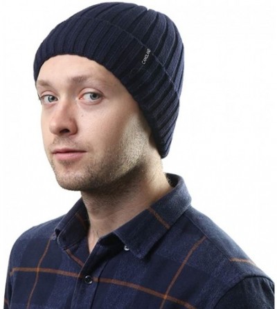 Skullies & Beanies Men's Fleece Wool Cable Knit Winter Beanie Hat - Navy - CR1860XGDU3