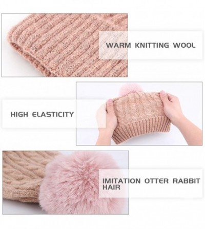Skullies & Beanies Women's Cold Weather Beanie Hat with Imitation Rex Rabbit Fur Ball- Winter Knitted Skull Cap for Women - P...