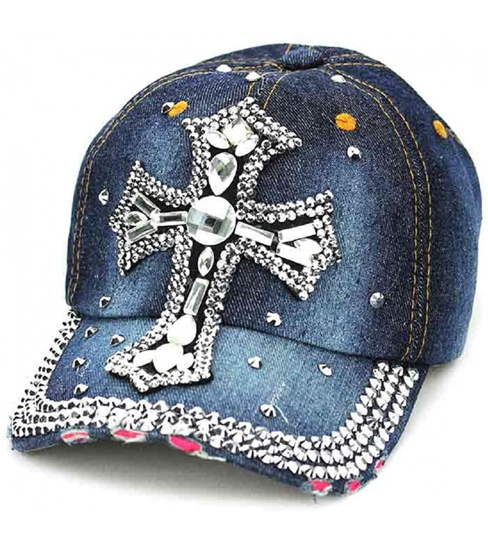 Baseball Caps Adjustable Cross Hat Womens Ladies Bling Rhinestone Cap - Denim Blue Clear - CY18DUO9AAE