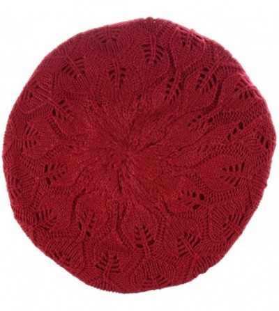 Berets Winter Chic Warm Double Layer Leafy Cutout Crochet Knit Slouchy Beret Beanie Hat (Red Leafy) - CV185DQTWQL
