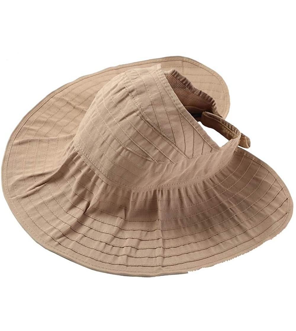 Sun Hats Women Wide Brim Sun Hats Foldable Summer Beach UV Protection Caps with Neck Cord - Khaki - CM18R0Z5WUZ