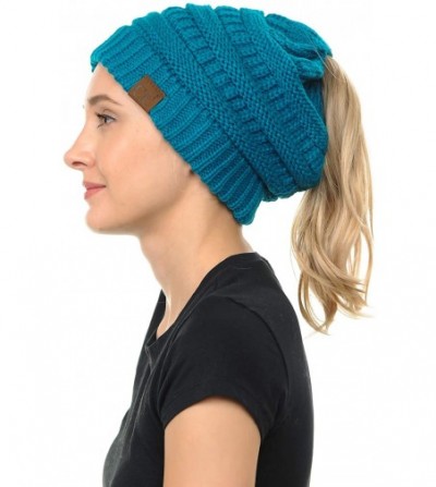 Skullies & Beanies Cable Knit Beanie Messy Bun Ponytail Warm Chunky Hat - Coral - C318Y8G8UGK