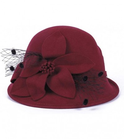 Fedoras Women's Floral Trimmed Wool Blend Cloche Winter Hat - Model C - Wine Red - C7192MYNX3W