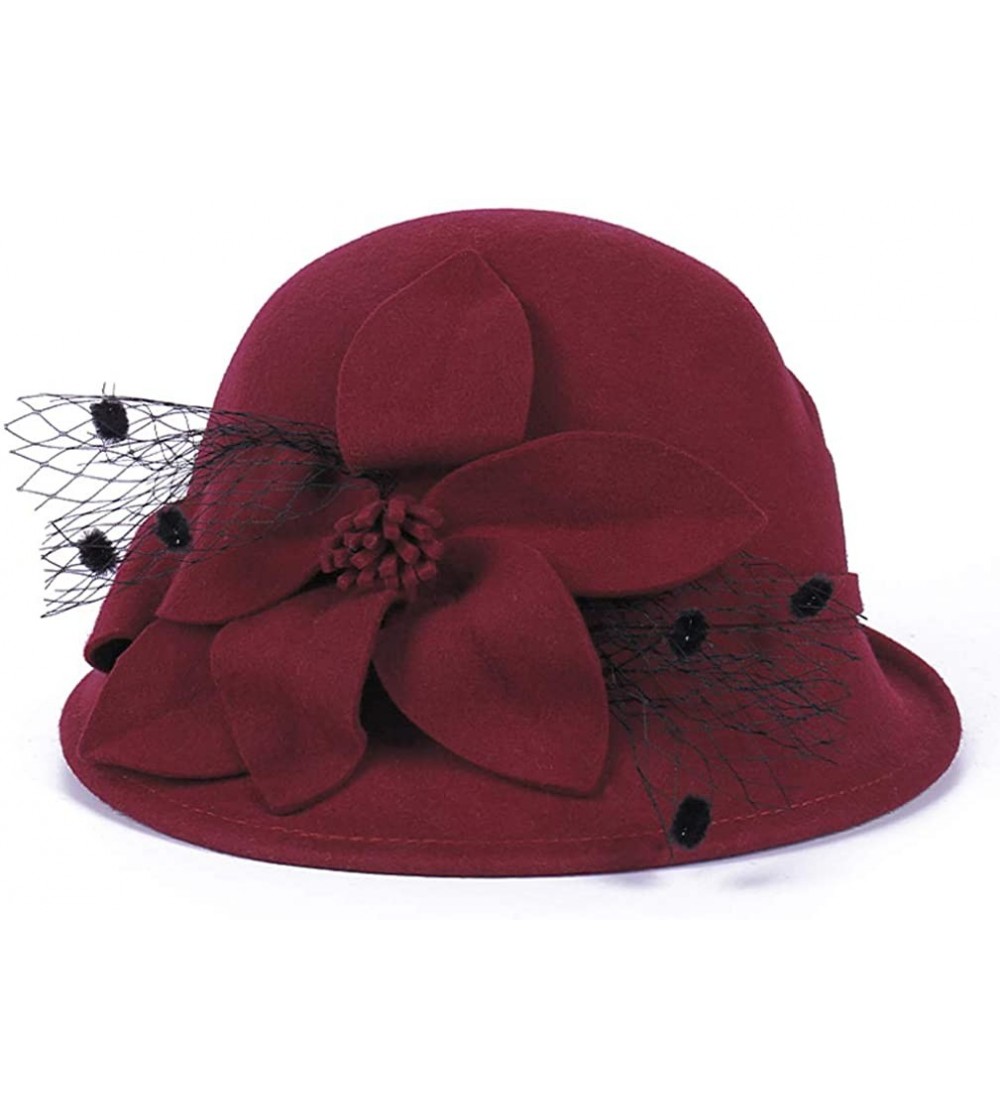 Fedoras Women's Floral Trimmed Wool Blend Cloche Winter Hat - Model C - Wine Red - C7192MYNX3W