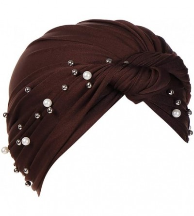 Skullies & Beanies Women Pearl Beading Chemo Turban Headband Scarf Beanie Cap Hat India Hat Turban Wrap Cap - Coffee - C318TS...