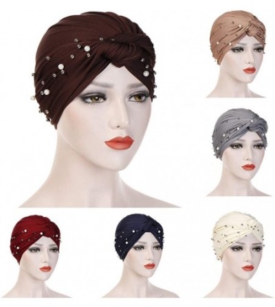 Skullies & Beanies Women Pearl Beading Chemo Turban Headband Scarf Beanie Cap Hat India Hat Turban Wrap Cap - Coffee - C318TS...