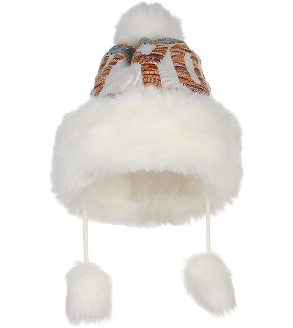 Skullies & Beanies Women Peruvian Faux Fur Knit Beanie Hat Warm Winter Fleece Lined Pompom Earflap Snow Ski Cap - Orange - CQ...