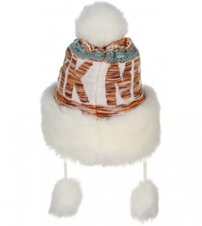 Skullies & Beanies Women Peruvian Faux Fur Knit Beanie Hat Warm Winter Fleece Lined Pompom Earflap Snow Ski Cap - Orange - CQ...