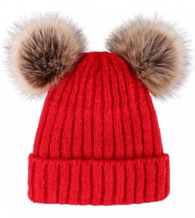 Skullies & Beanies Cable Knit Beanie with Faux Fur Pompom Ears - Red - C818ISGIGZ4