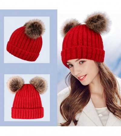 Skullies & Beanies Cable Knit Beanie with Faux Fur Pompom Ears - Red - C818ISGIGZ4