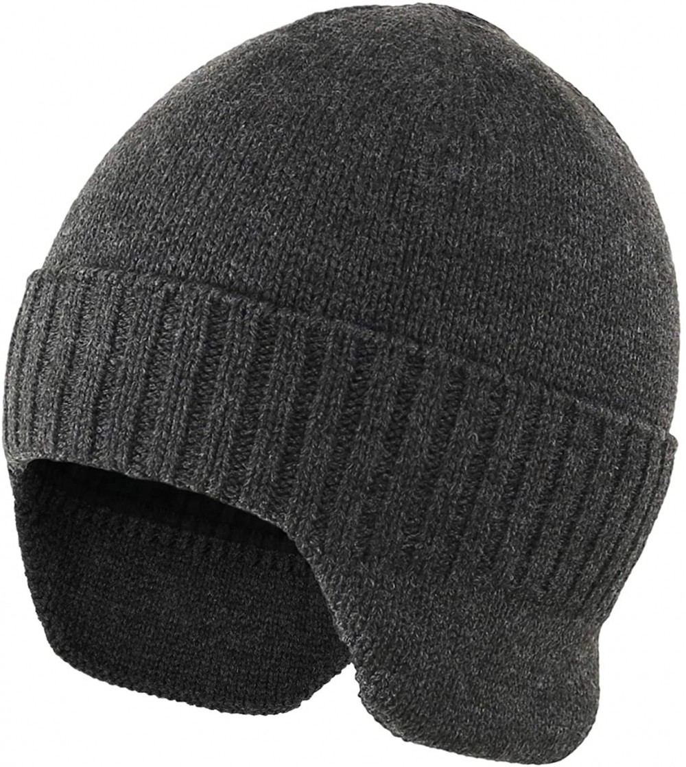 Skullies & Beanies Mens Winter Hat Knit Earflap Hat Stocking Caps with Ears Warm Hat - Dark Heather Grey - C118Z5A5X59