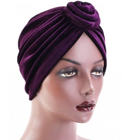 Skullies & Beanies Women Turban African Knot Pattern Headwrap Chemo Beanie Pre-Tied Bonnet Cap Headwear Hair Loss Hat - Purpl...